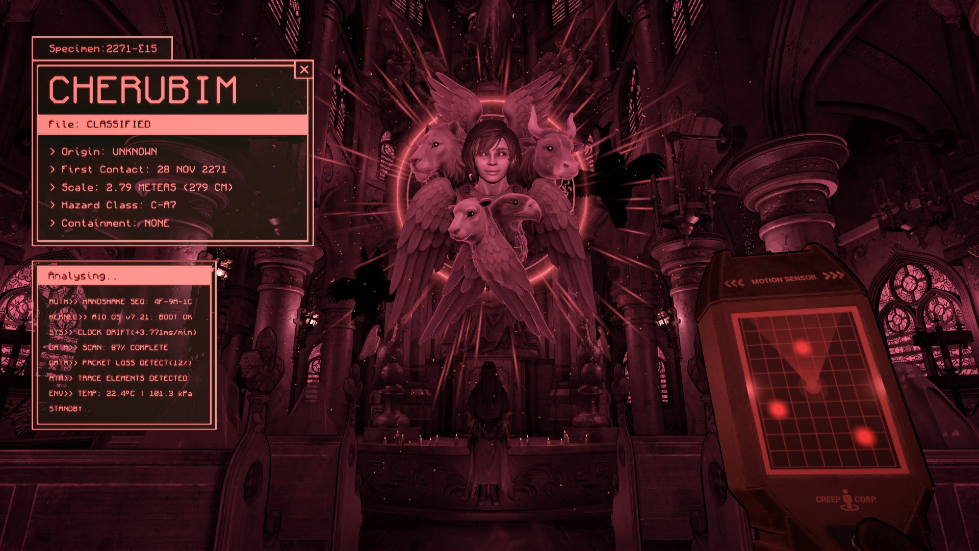 Cherubim angel with player holding the Motion Tracker tool in the Red Cathedral