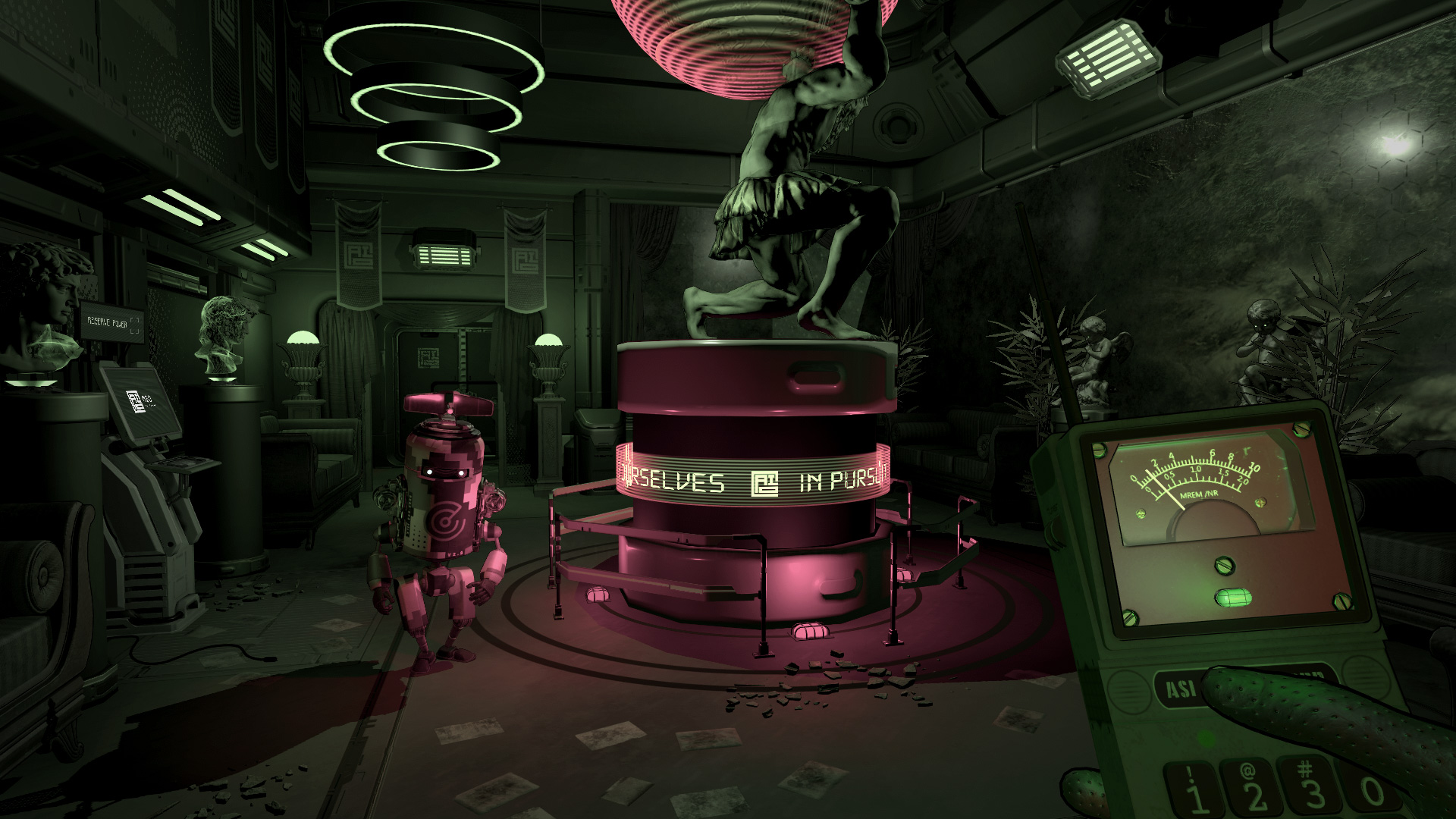 Player exploring the atrium of the AIO Station with Resonance Listener tool and robot companion Canabelle