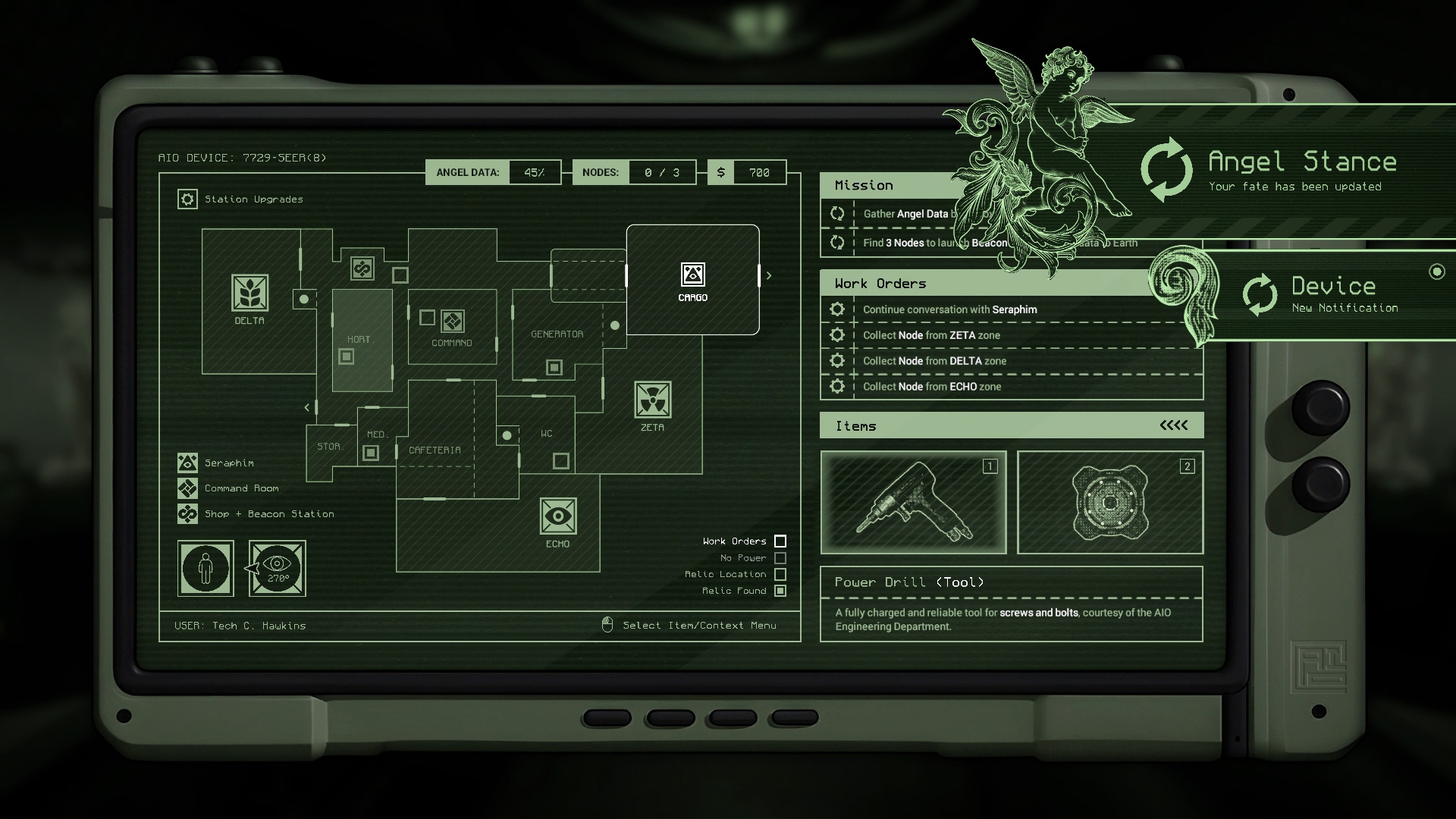 Inspecting inventory with map, items, and objectives with active notifications