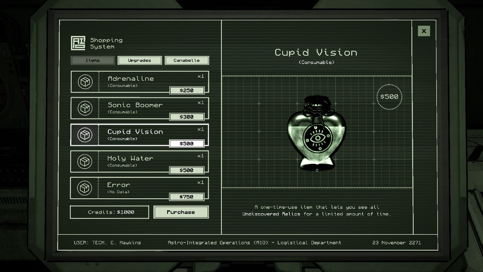 Viewing the Cupid Vision item for purchase in the shop