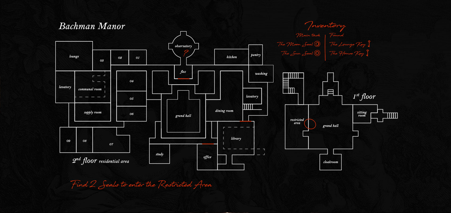 Full map of Bachman Manor in Deathbloom Chapter 1