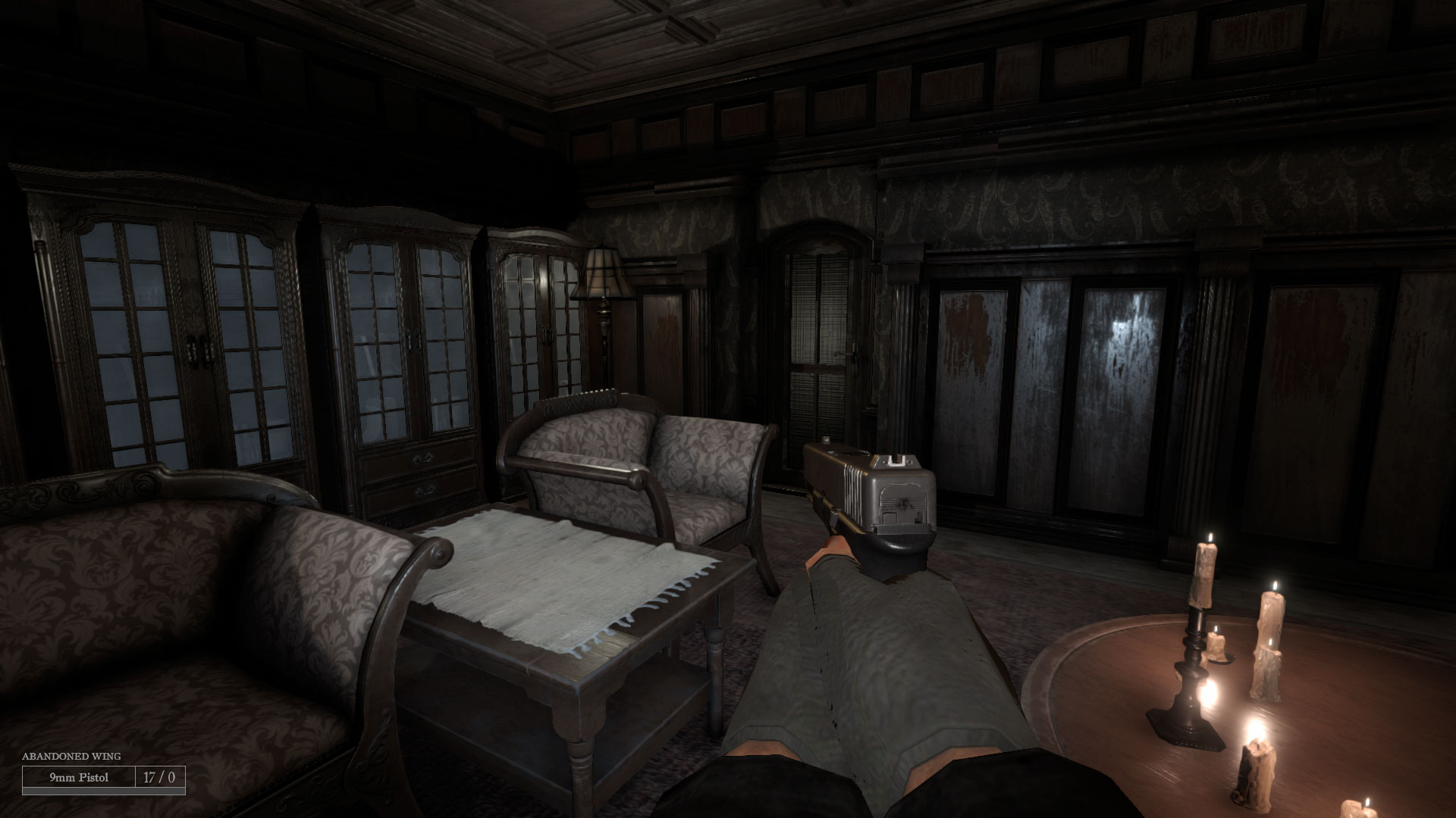 Exploring a room in Bachman Manor with a pistol in Deathbloom Chapter 2