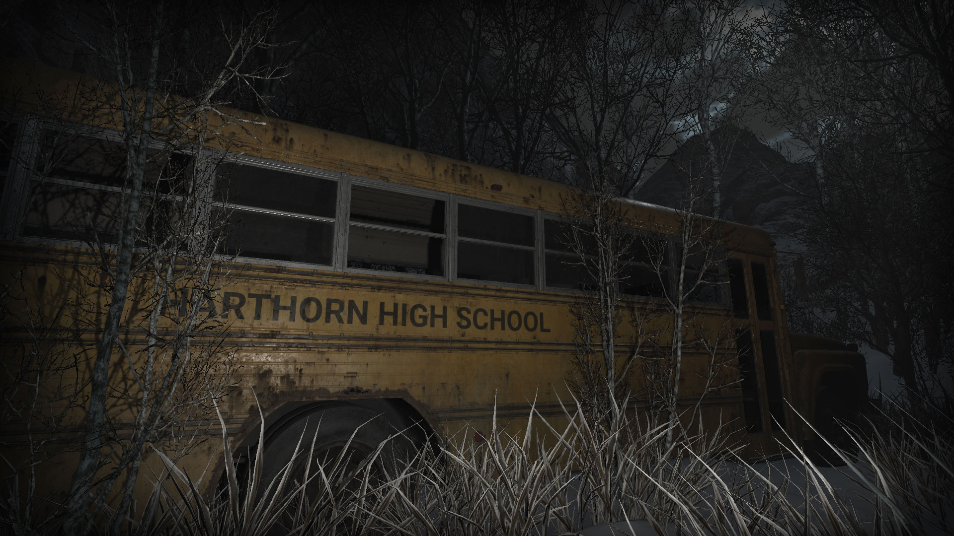 An abandoned school bus in the snow outside Harthorn High School