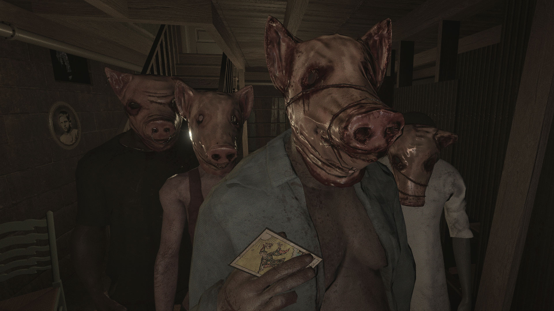 The main enemies of The Swine wearing pig masks and holding tarot cards